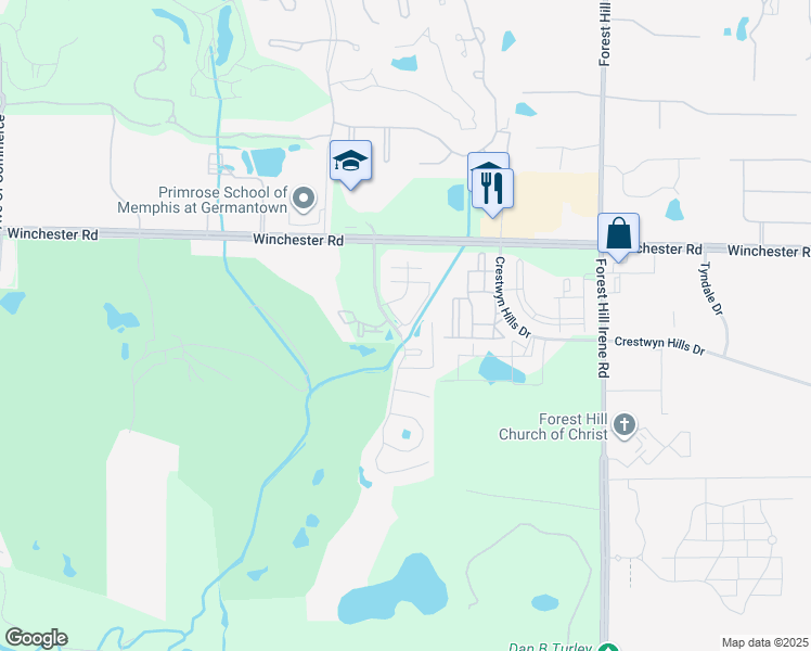 map of restaurants, bars, coffee shops, grocery stores, and more near 8902 Links Drive East in Memphis