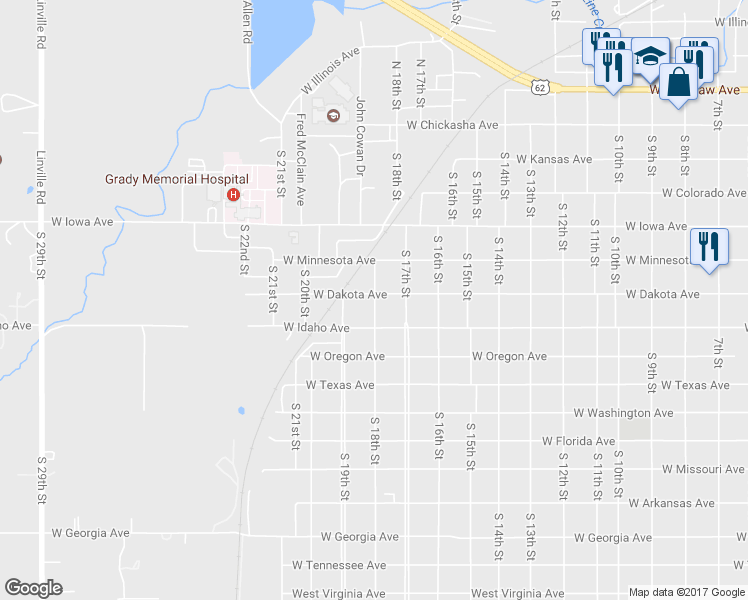 map of restaurants, bars, coffee shops, grocery stores, and more near 618 South 18th Street in Chickasha