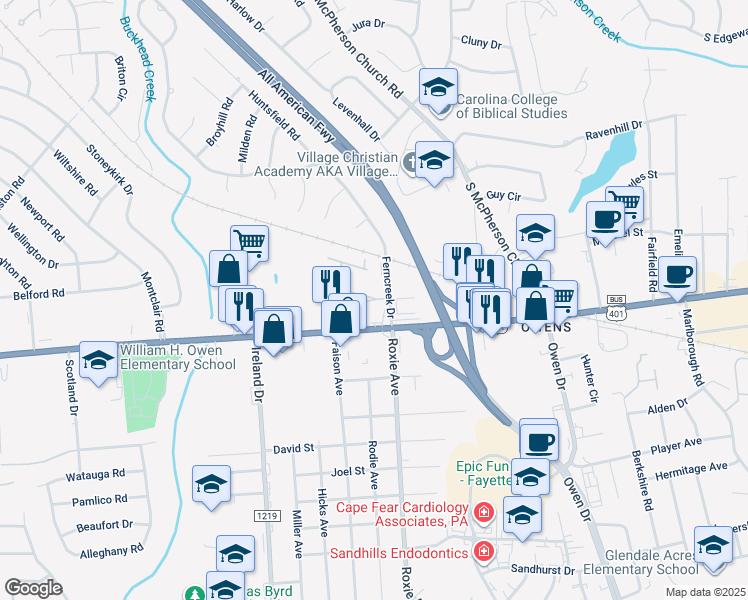 map of restaurants, bars, coffee shops, grocery stores, and more near 3706 Raeford Road in Fayetteville