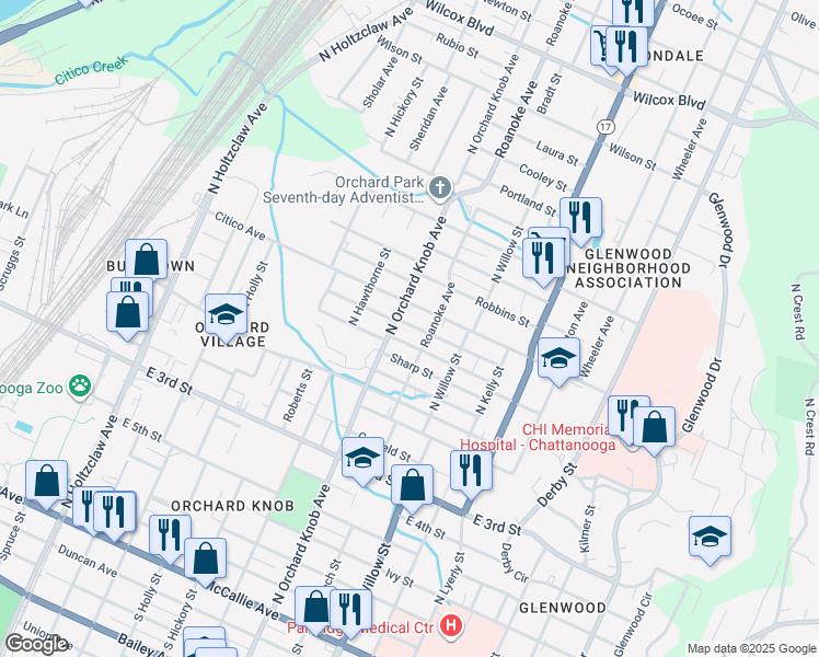 map of restaurants, bars, coffee shops, grocery stores, and more near 1917 Jackson Street in Chattanooga