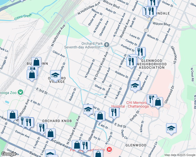 map of restaurants, bars, coffee shops, grocery stores, and more near 1917 Jackson Street in Chattanooga