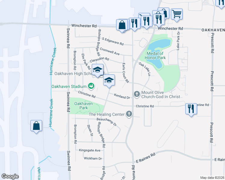 map of restaurants, bars, coffee shops, grocery stores, and more near 3788 Bishops Bridge Road in Memphis