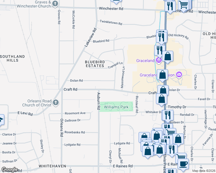 map of restaurants, bars, coffee shops, grocery stores, and more near 925 Craft Road in Memphis