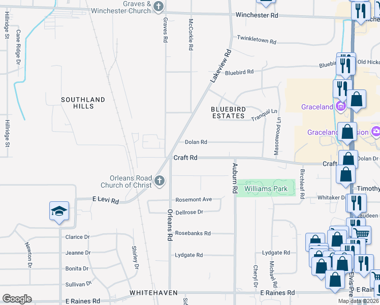 map of restaurants, bars, coffee shops, grocery stores, and more near 749 Craft Road in Memphis