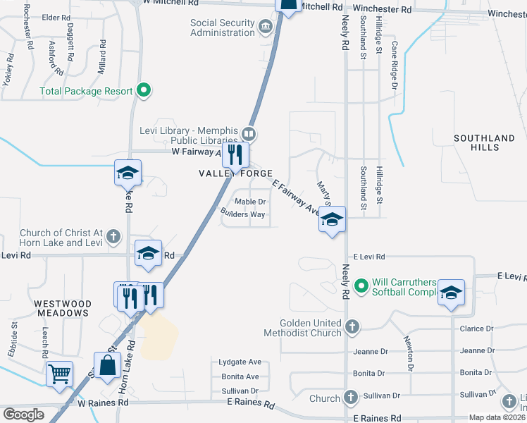 map of restaurants, bars, coffee shops, grocery stores, and more near 76 Haas Avenue in Memphis