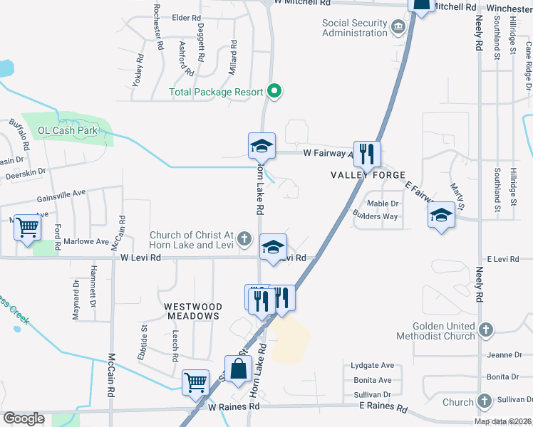 map of restaurants, bars, coffee shops, grocery stores, and more near 3810 New Horn Lake Road in Memphis