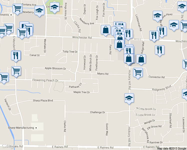 map of restaurants, bars, coffee shops, grocery stores, and more near 5725 Myers Road in Memphis
