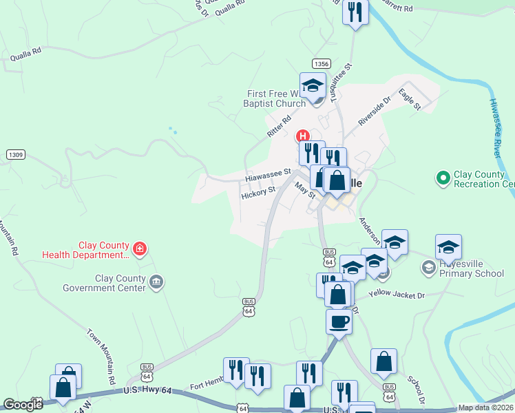 map of restaurants, bars, coffee shops, grocery stores, and more near 1282 U.S. 64 Business in Hayesville