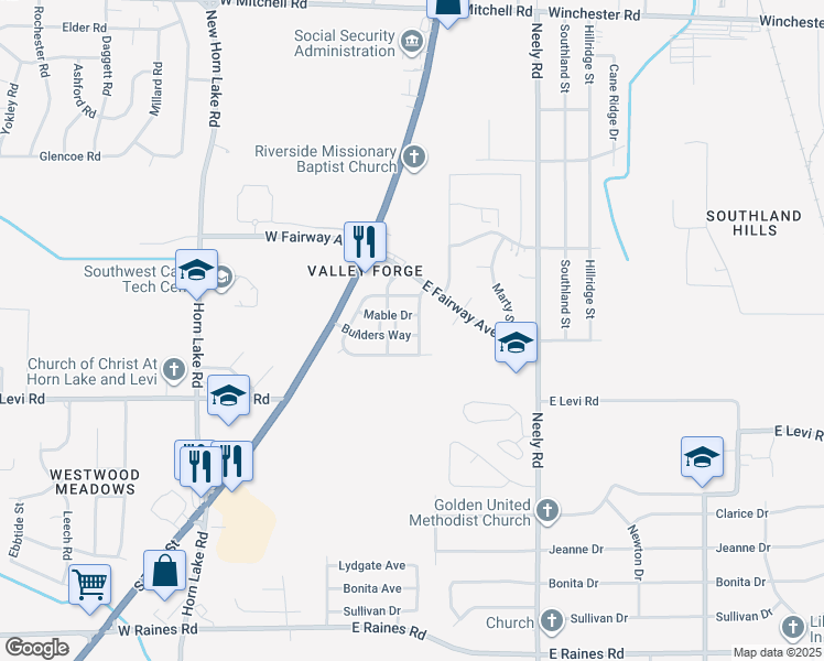 map of restaurants, bars, coffee shops, grocery stores, and more near 86 Builders Way in Memphis
