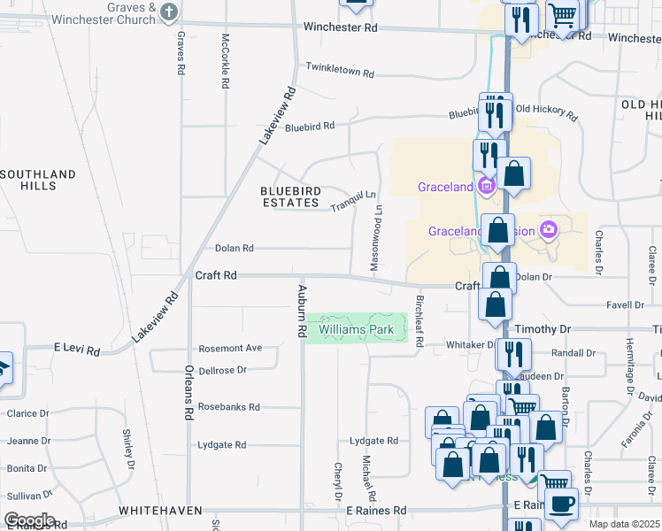 map of restaurants, bars, coffee shops, grocery stores, and more near 925 Craft Road in Memphis