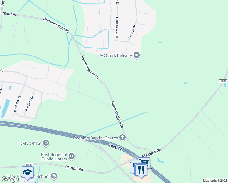 map of restaurants, bars, coffee shops, grocery stores, and more near 5023 Hummingbird Place in Fayetteville