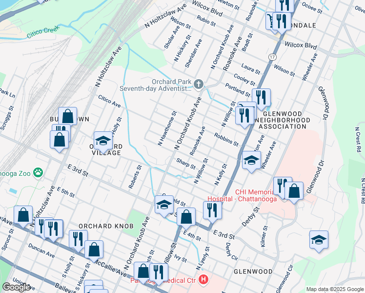 map of restaurants, bars, coffee shops, grocery stores, and more near 1917 Jackson Street in Chattanooga