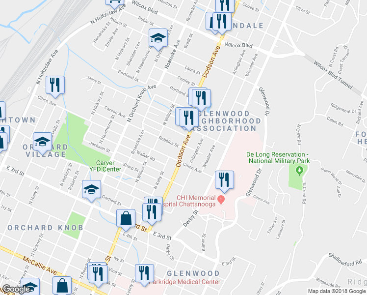 map of restaurants, bars, coffee shops, grocery stores, and more near 816 Dodson Avenue in Chattanooga