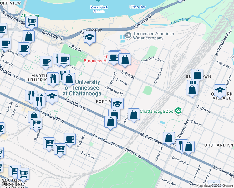 map of restaurants, bars, coffee shops, grocery stores, and more near 936 Fortwood Street in Chattanooga