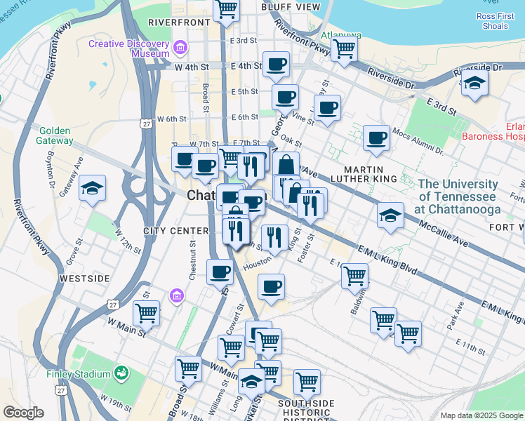 map of restaurants, bars, coffee shops, grocery stores, and more near 901 Lindsay Street in Chattanooga