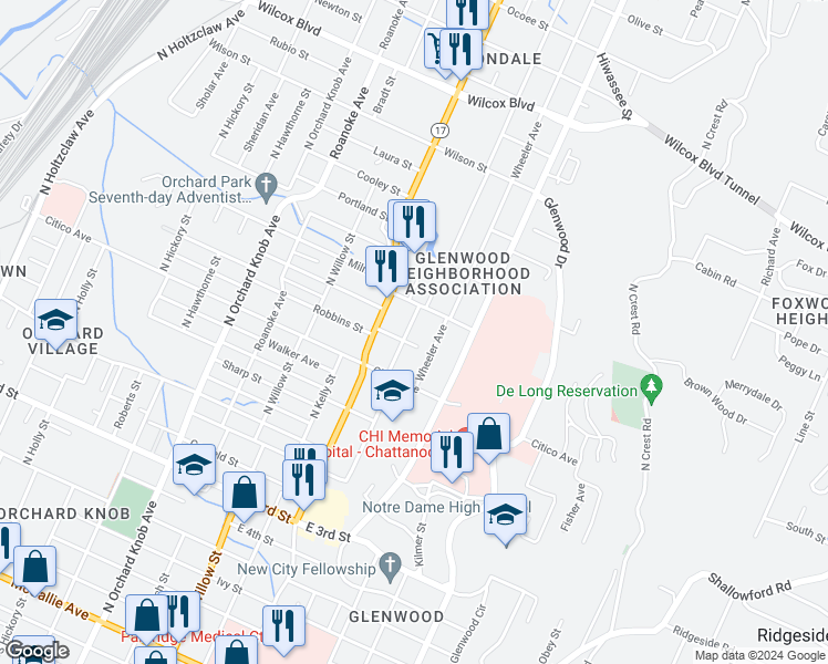 map of restaurants, bars, coffee shops, grocery stores, and more near 850 Arlington Avenue in Chattanooga