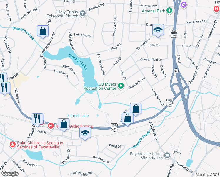 map of restaurants, bars, coffee shops, grocery stores, and more near 1528 Pierce Street in Fayetteville