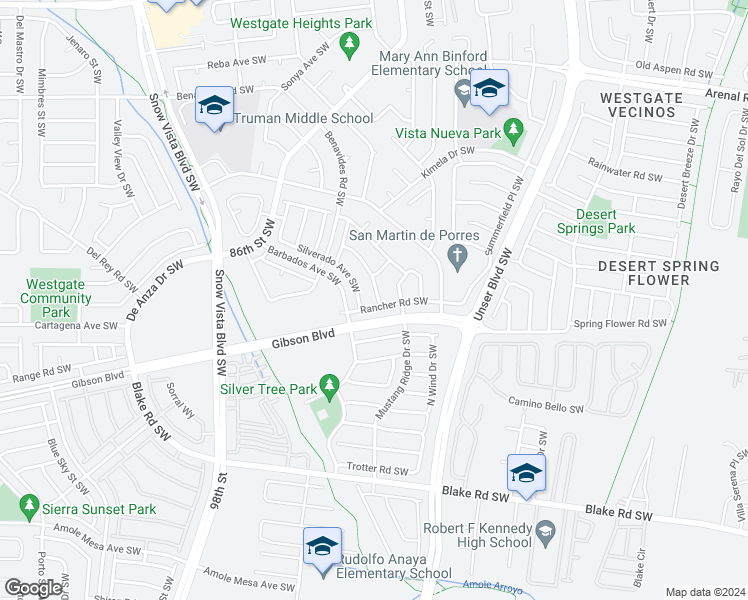 map of restaurants, bars, coffee shops, grocery stores, and more near 8404 Lone Prairie Avenue Southwest in Albuquerque
