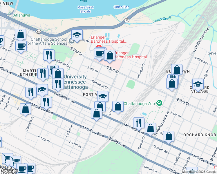 map of restaurants, bars, coffee shops, grocery stores, and more near 949 Vine Street in Chattanooga