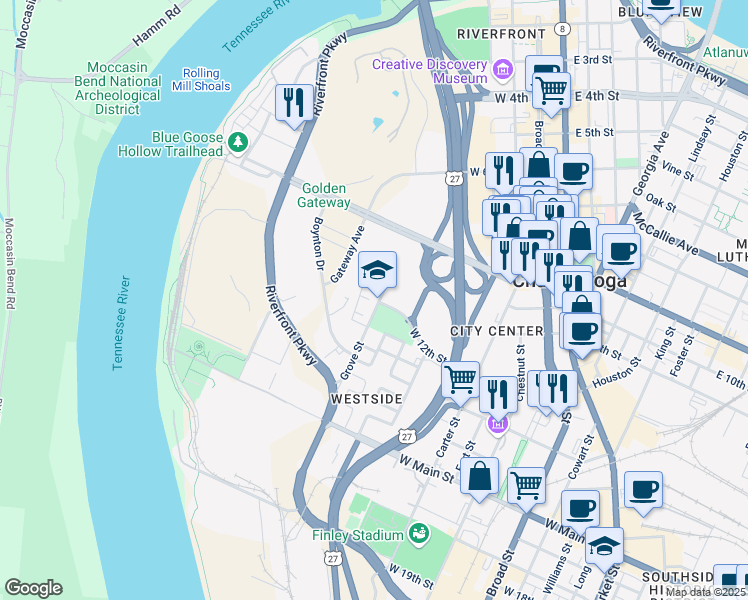 map of restaurants, bars, coffee shops, grocery stores, and more near 1215 Grove Street in Chattanooga