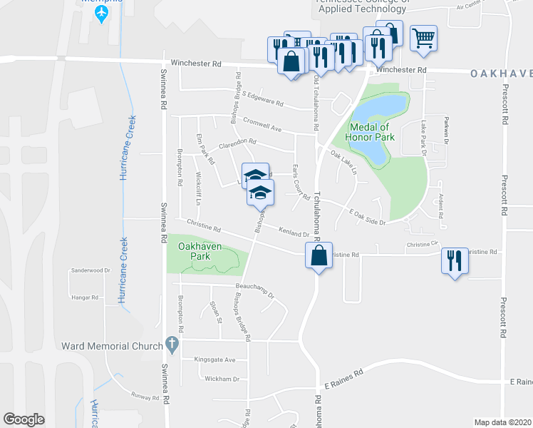 map of restaurants, bars, coffee shops, grocery stores, and more near 3169 Kenland Drive in Memphis