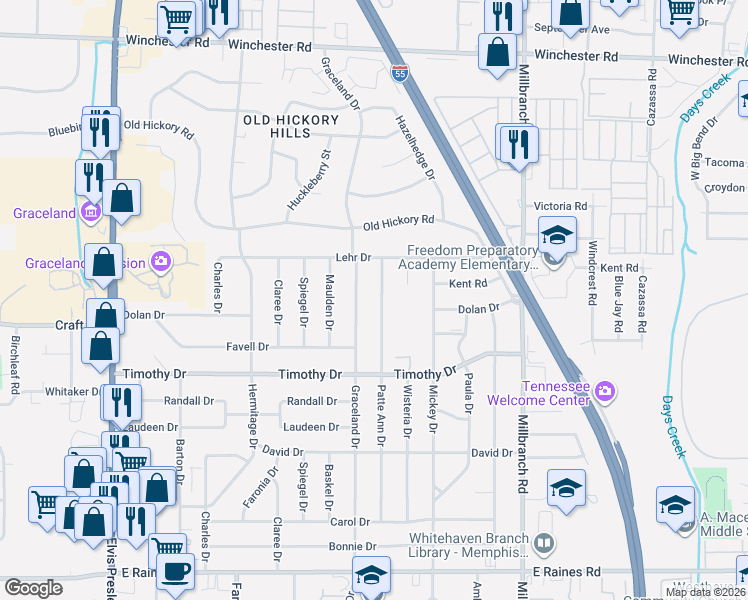 map of restaurants, bars, coffee shops, grocery stores, and more near 3819 Patte Ann Drive in Memphis