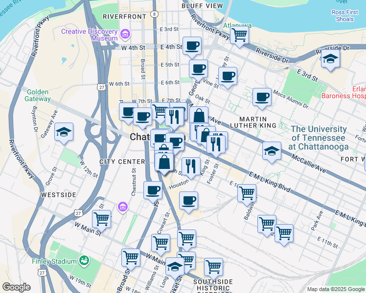 map of restaurants, bars, coffee shops, grocery stores, and more near 901 Lindsay Street in Chattanooga