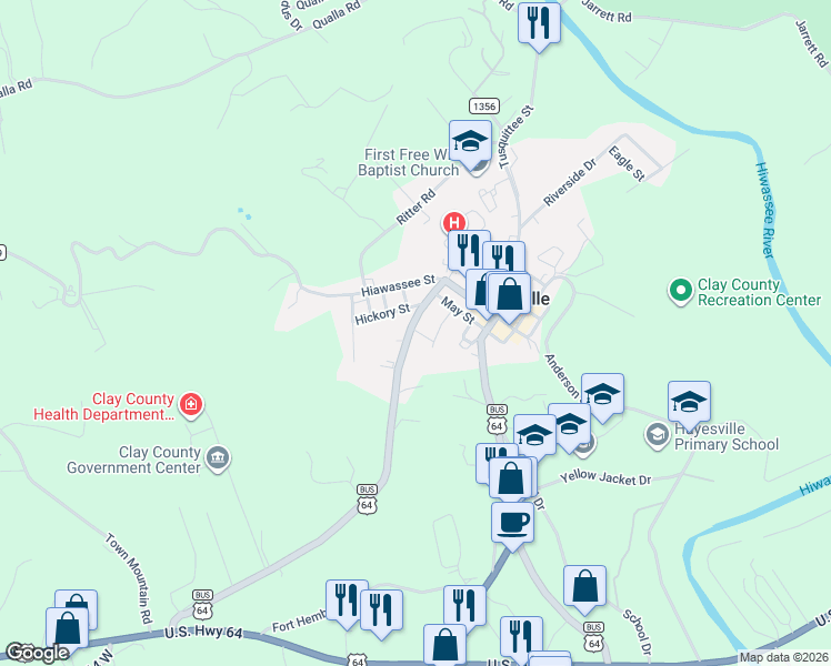 map of restaurants, bars, coffee shops, grocery stores, and more near 1221 U.S. 64 Business in Hayesville