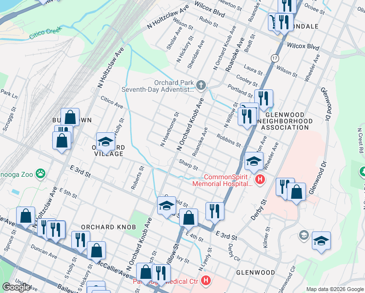 map of restaurants, bars, coffee shops, grocery stores, and more near 1917 Jackson Street in Chattanooga