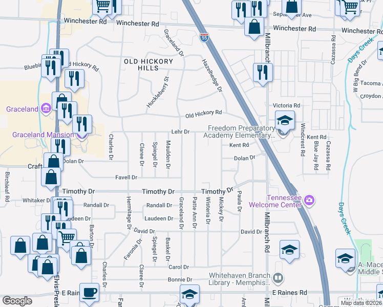 map of restaurants, bars, coffee shops, grocery stores, and more near 3819 Patte Ann Drive in Memphis