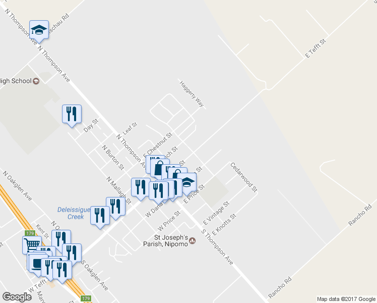 map of restaurants, bars, coffee shops, grocery stores, and more near 195 East Tefft Street in Nipomo