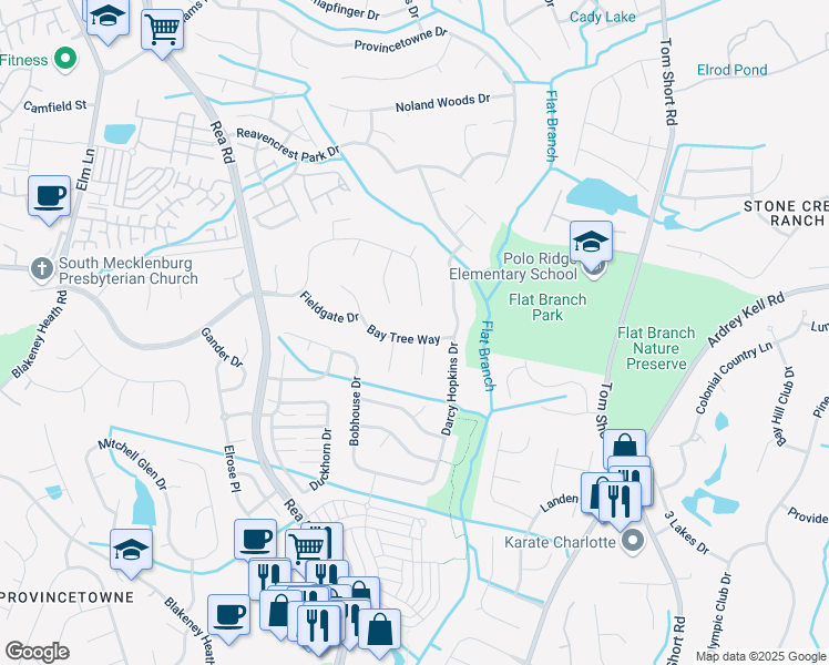 map of restaurants, bars, coffee shops, grocery stores, and more near 12024 Bay Tree Way in Charlotte