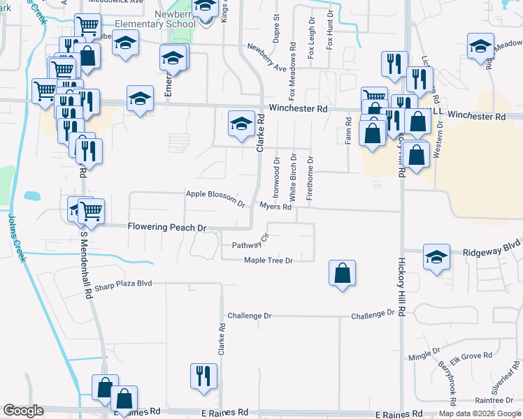 map of restaurants, bars, coffee shops, grocery stores, and more near 3820 Clarke Road in Memphis