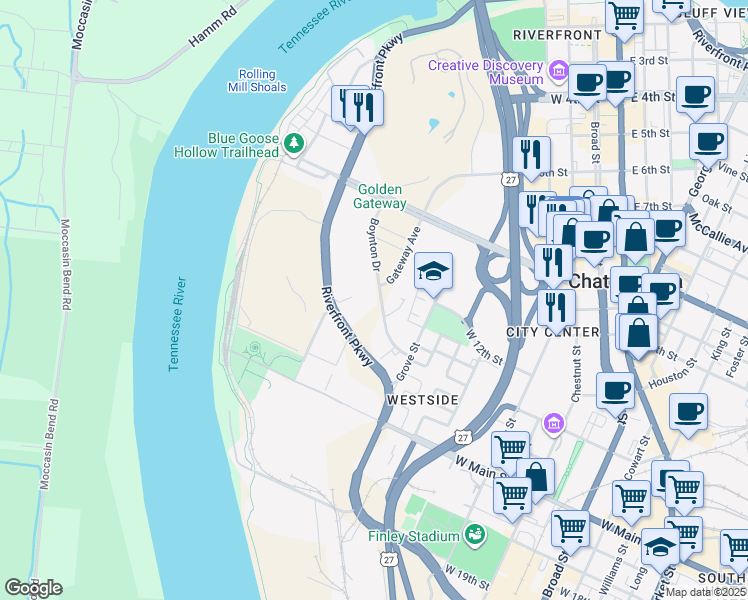 map of restaurants, bars, coffee shops, grocery stores, and more near 1201 Boynton Drive in Chattanooga