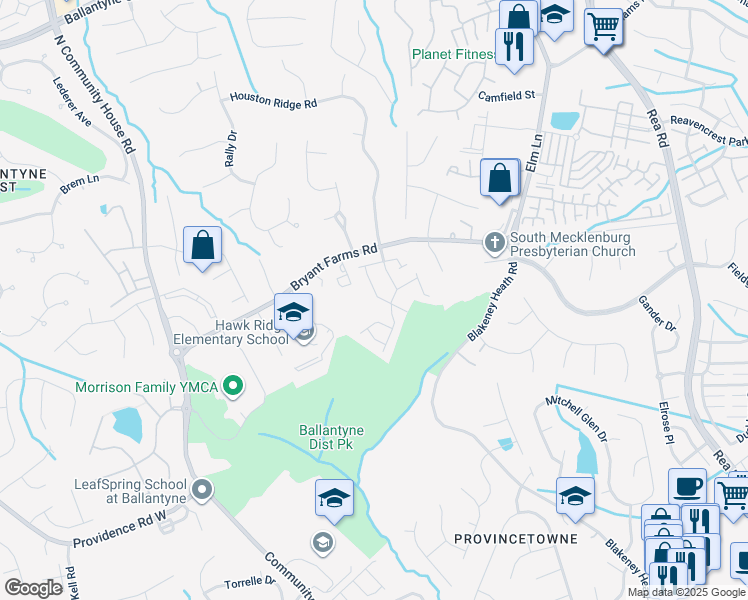 map of restaurants, bars, coffee shops, grocery stores, and more near 9636 Elizabeth Townes Lane in Charlotte