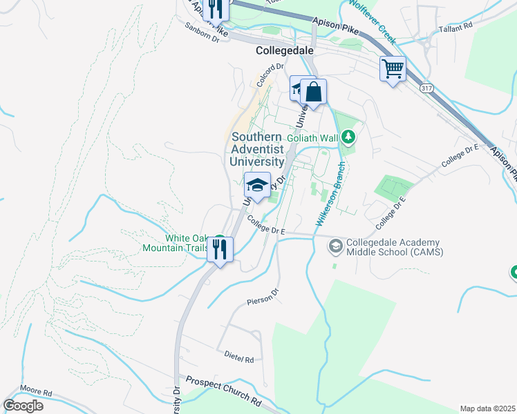 map of restaurants, bars, coffee shops, grocery stores, and more near 4820 College Drive in Ooltewah