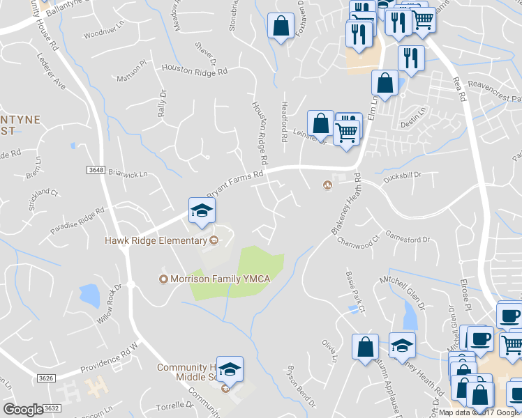 map of restaurants, bars, coffee shops, grocery stores, and more near 9636 Elizabeth Townes Lane in Charlotte