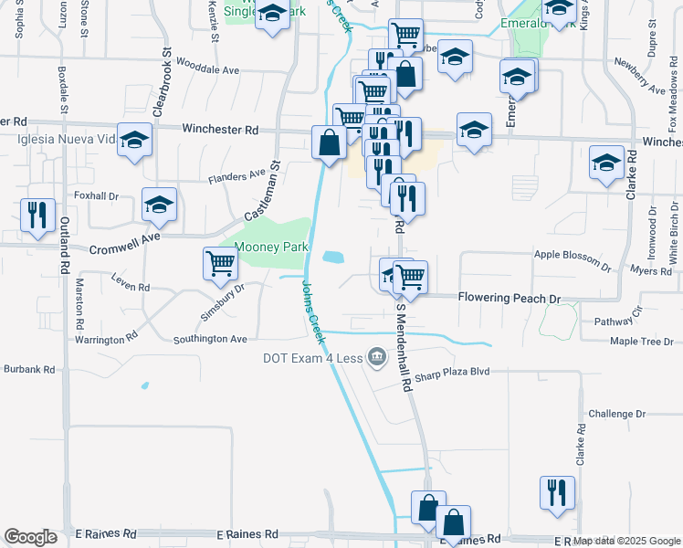 map of restaurants, bars, coffee shops, grocery stores, and more near 5209 Flowering Peach Drive in Memphis