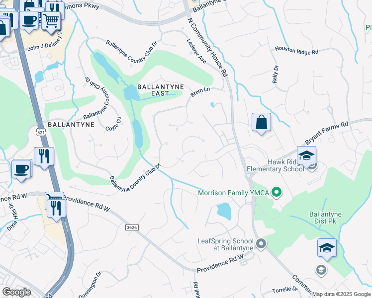 map of restaurants, bars, coffee shops, grocery stores, and more near 15702 Strickland Court in Charlotte
