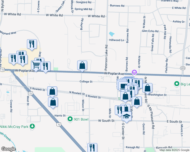 map of restaurants, bars, coffee shops, grocery stores, and more near 245 West Poplar Avenue in Collierville