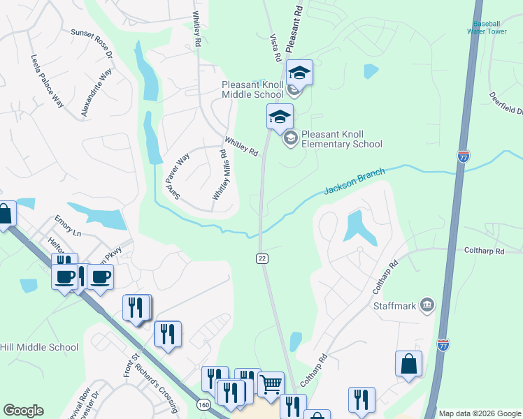 map of restaurants, bars, coffee shops, grocery stores, and more near 2021 Pleasant Road in Fort Mill