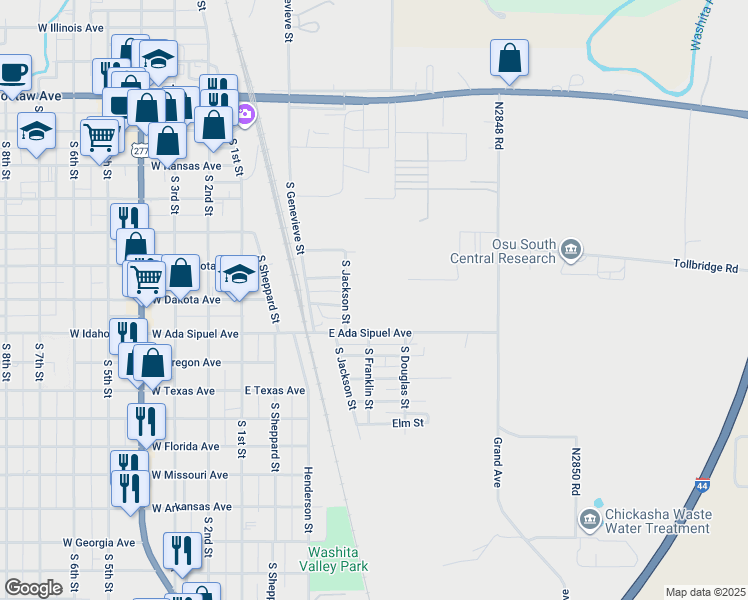 map of restaurants, bars, coffee shops, grocery stores, and more near 523 South Jackson Street in Chickasha