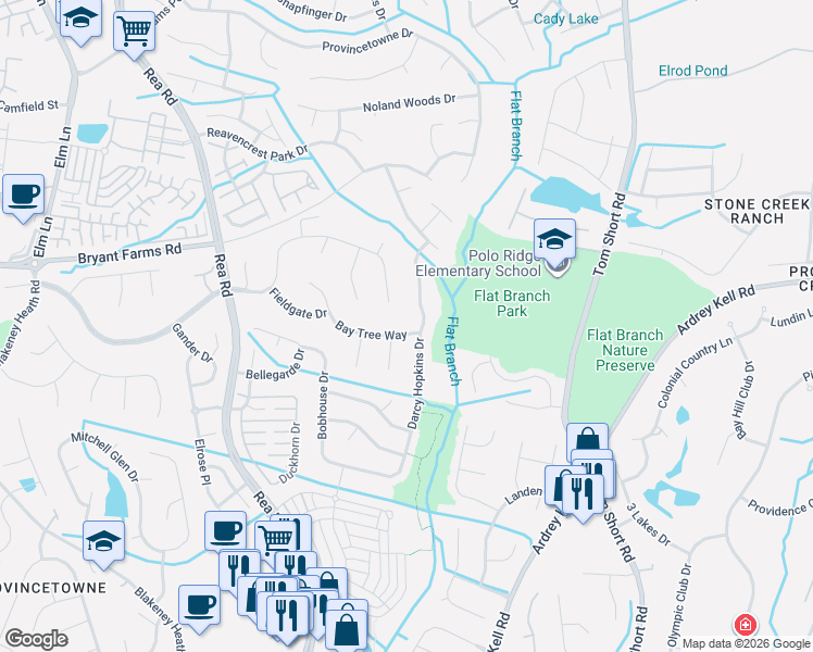 map of restaurants, bars, coffee shops, grocery stores, and more near 8800 Darcy Hopkins Drive in Charlotte
