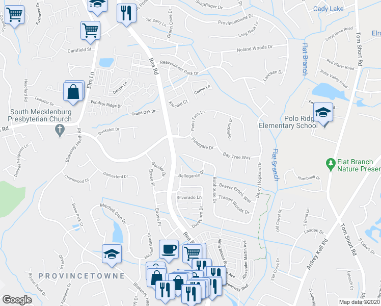 map of restaurants, bars, coffee shops, grocery stores, and more near 9108 Floufisher Court in Charlotte