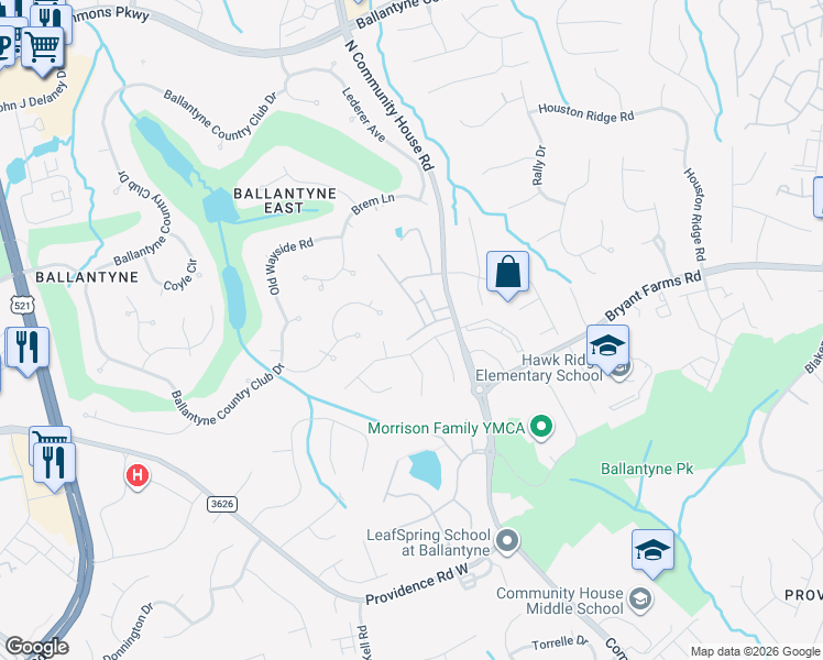 map of restaurants, bars, coffee shops, grocery stores, and more near 10012 Paradise Ridge Road in Charlotte