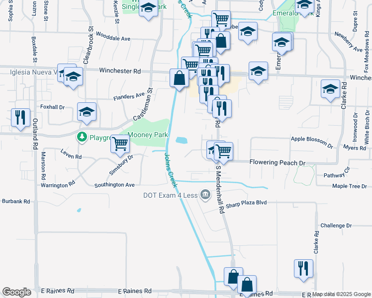 map of restaurants, bars, coffee shops, grocery stores, and more near 5209 Flowering Peach Drive in Memphis