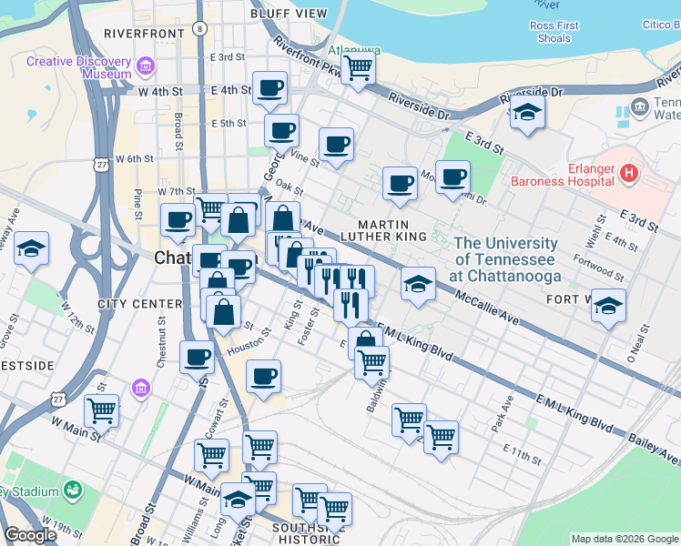 map of restaurants, bars, coffee shops, grocery stores, and more near 506 East 8th Street in Chattanooga