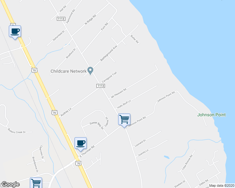 map of restaurants, bars, coffee shops, grocery stores, and more near 315 Mount Pleasant Road in New Bern