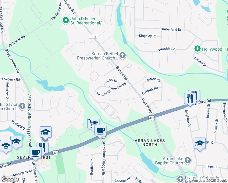 map of restaurants, bars, coffee shops, grocery stores, and more near 6517 Tareyton Road in Fayetteville