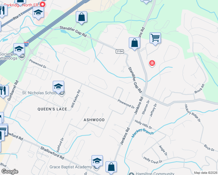 map of restaurants, bars, coffee shops, grocery stores, and more near 7531 Pinewood Drive in Chattanooga